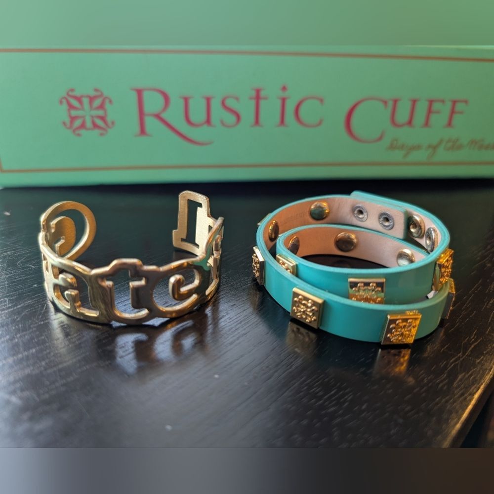 Rustic Cuff Grateful Gold and Teal Bracelet Set